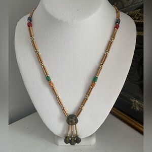 Elegant long Multicolor Beaded Necklace with small metals balls Boho vibe